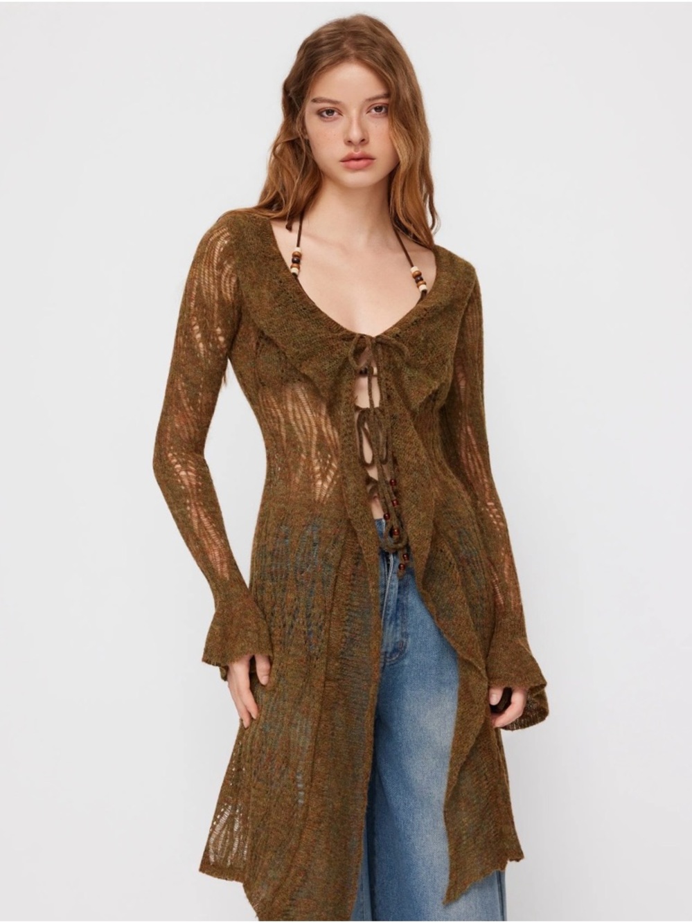 Cider Olive Green Lace Knit Long Cardigan